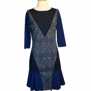 Blue and Black Long Sleeve Paneled Dress